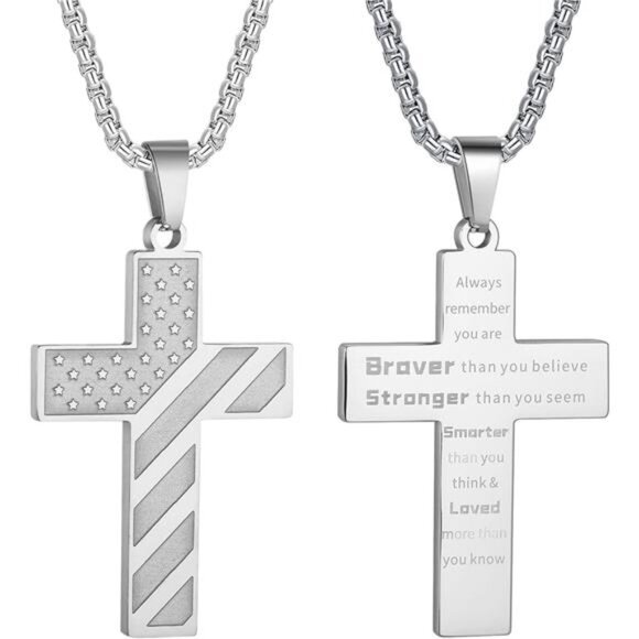 Silver American Flag Cross Necklace for Men Stainless Steel Box Chain 22+2 inch - Picture 1 of 6
